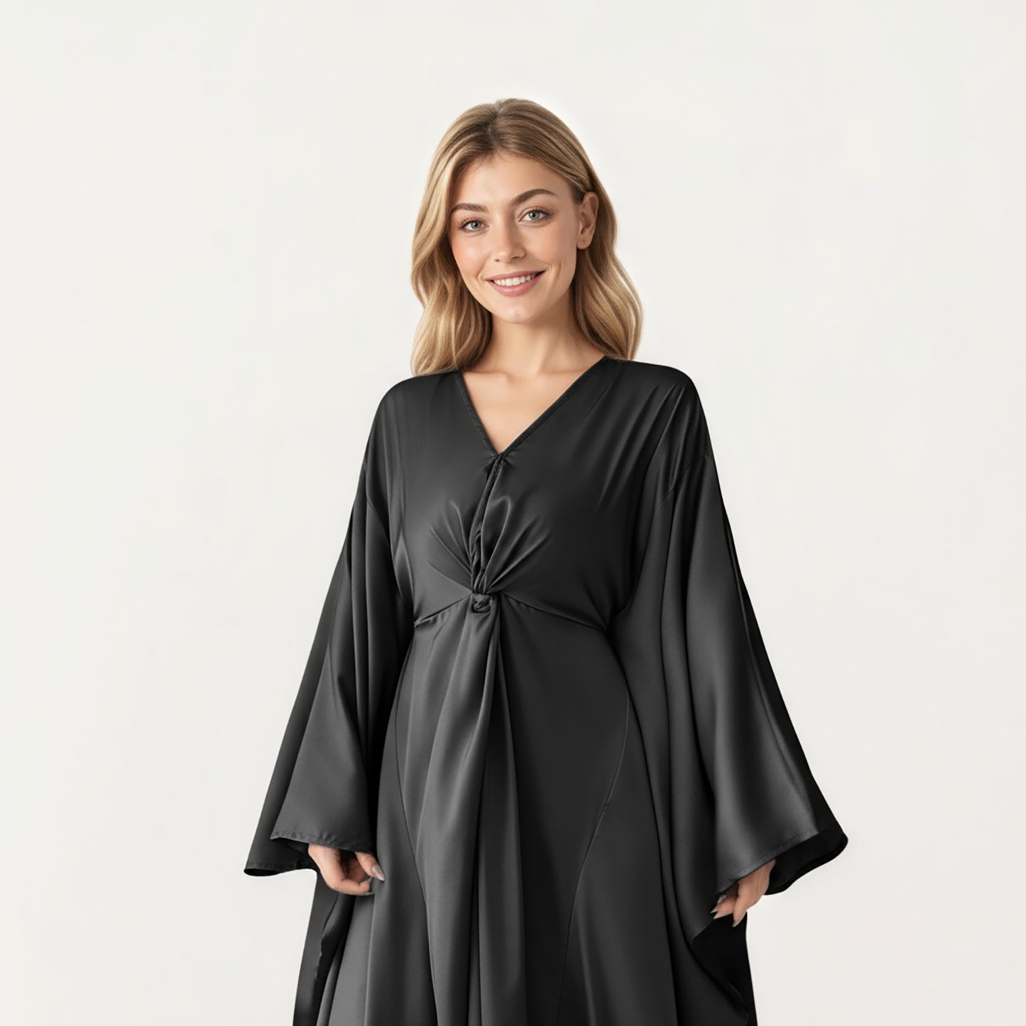 Satin Draped Maxi Dress with Knot Front Detail, Flowing Wide Sleeves and Soft Fluid Silhouette