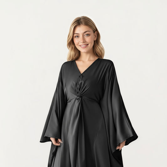 Satin Draped Maxi Dress with Knot Front Detail, Flowing Wide Sleeves and Soft Fluid Silhouette