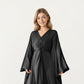 Satin Draped Maxi Dress with Knot Front Detail, Flowing Wide Sleeves and Soft Fluid Silhouette