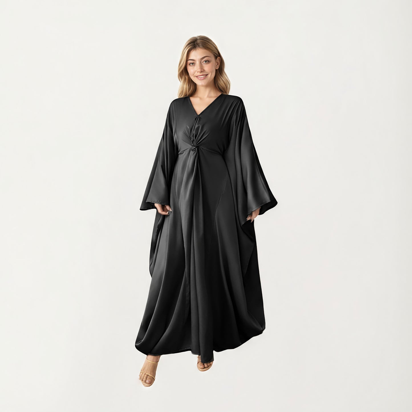 Satin Draped Maxi Dress with Knot Front Detail, Flowing Wide Sleeves and Soft Fluid Silhouette