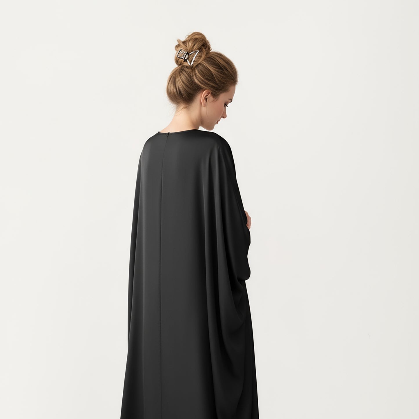 Satin Draped Maxi Dress with Knot Front Detail, Flowing Wide Sleeves and Soft Fluid Silhouette