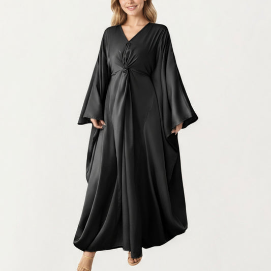 Satin Draped Maxi Dress with Knot Front Detail, Flowing Wide Sleeves and Soft Fluid Silhouette