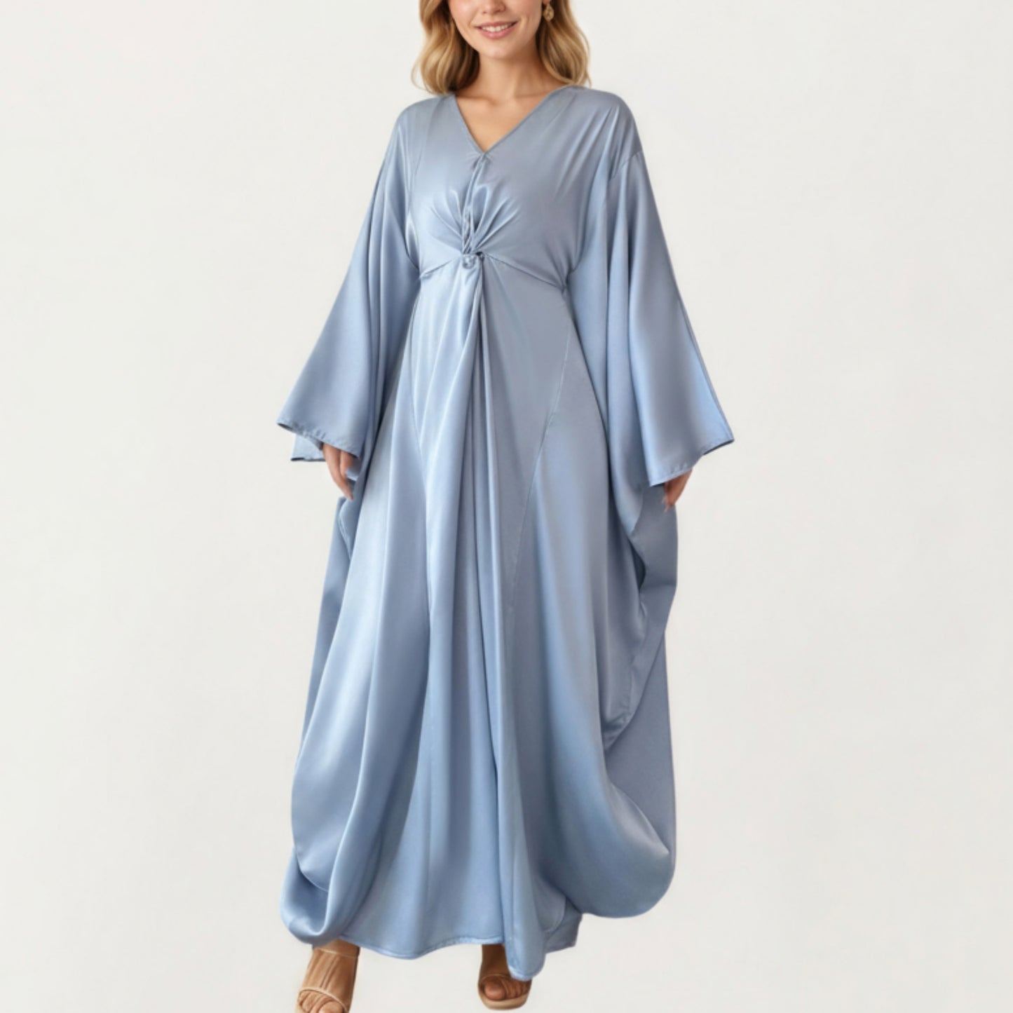 Satin Draped Maxi Dress with Knot Front Detail, Flowing Wide Sleeves and Soft Fluid Silhouette