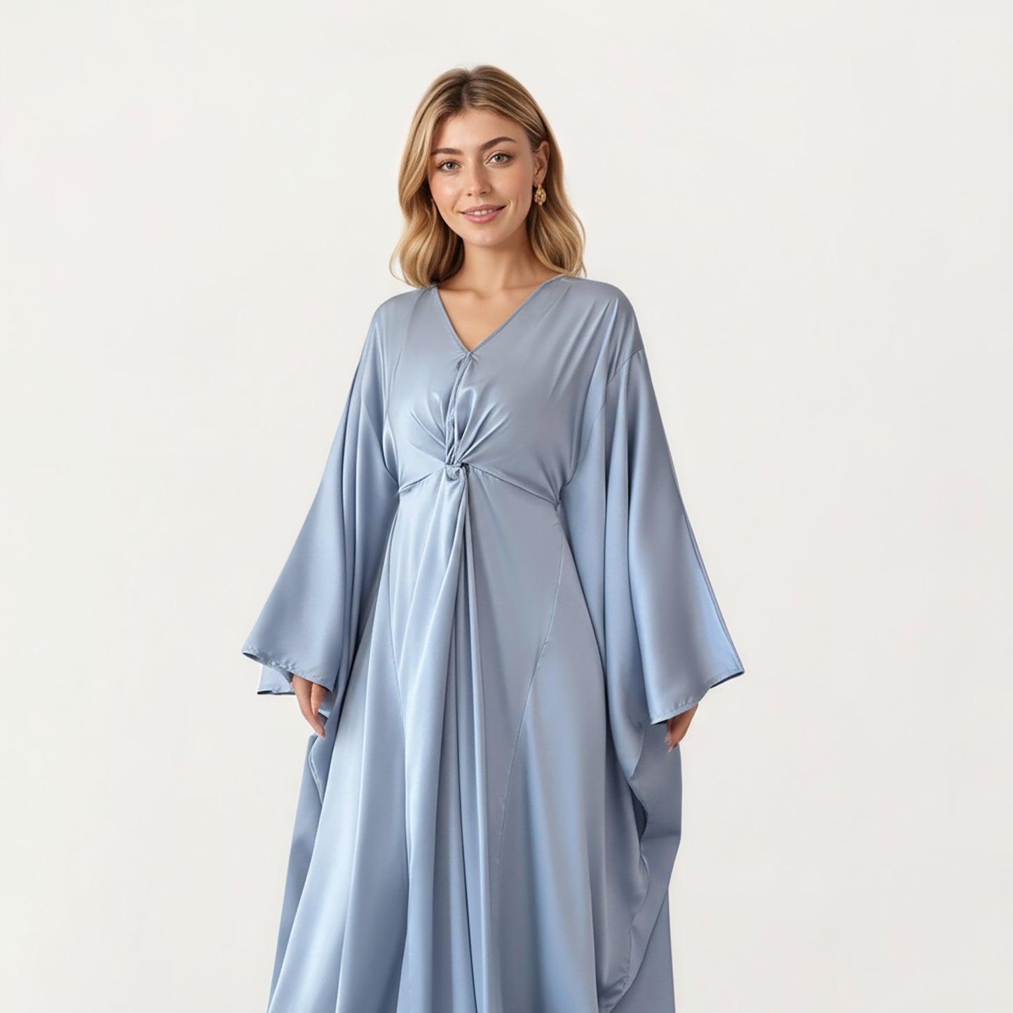 Satin Draped Maxi Dress with Knot Front Detail, Flowing Wide Sleeves and Soft Fluid Silhouette
