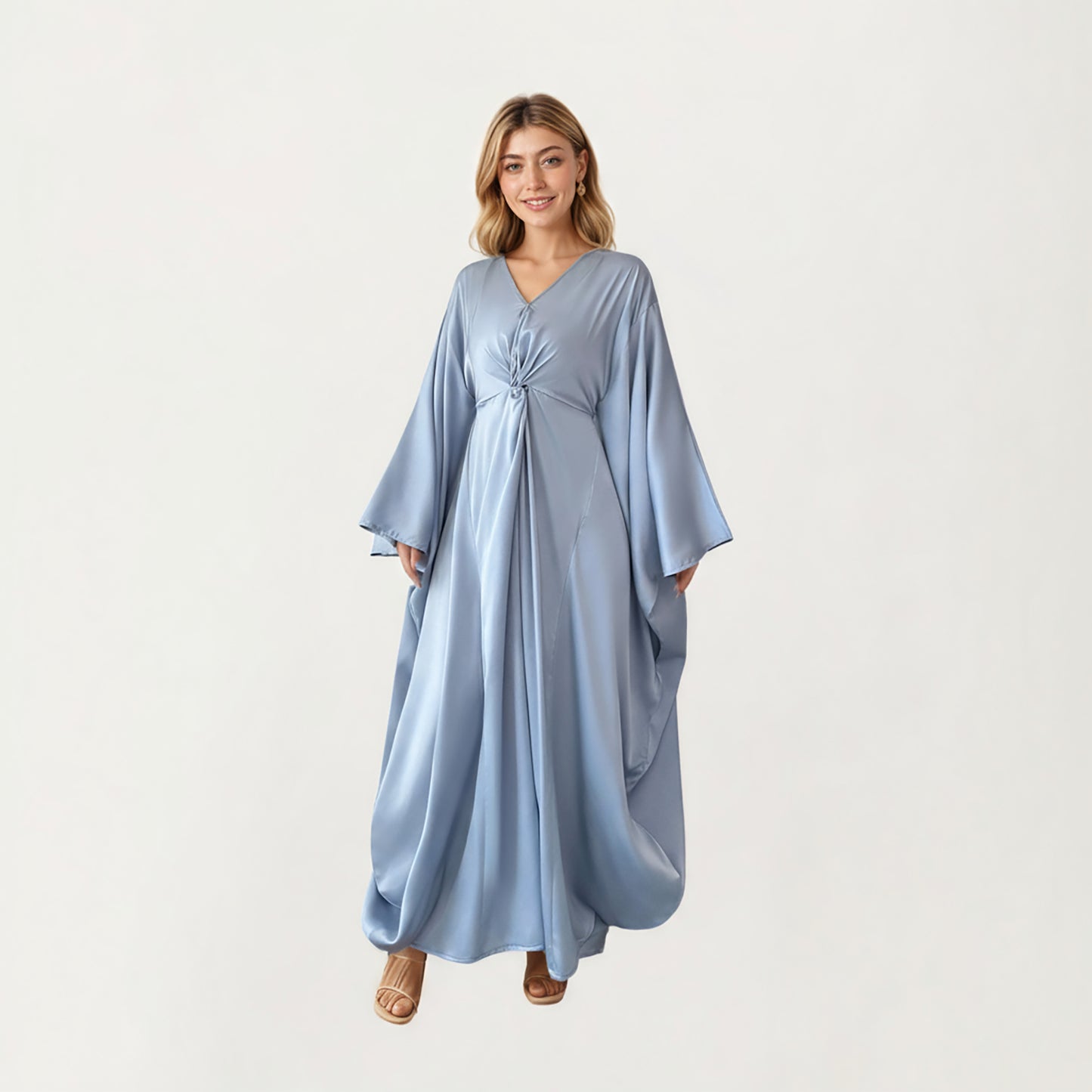 Satin Draped Maxi Dress with Knot Front Detail, Flowing Wide Sleeves and Soft Fluid Silhouette