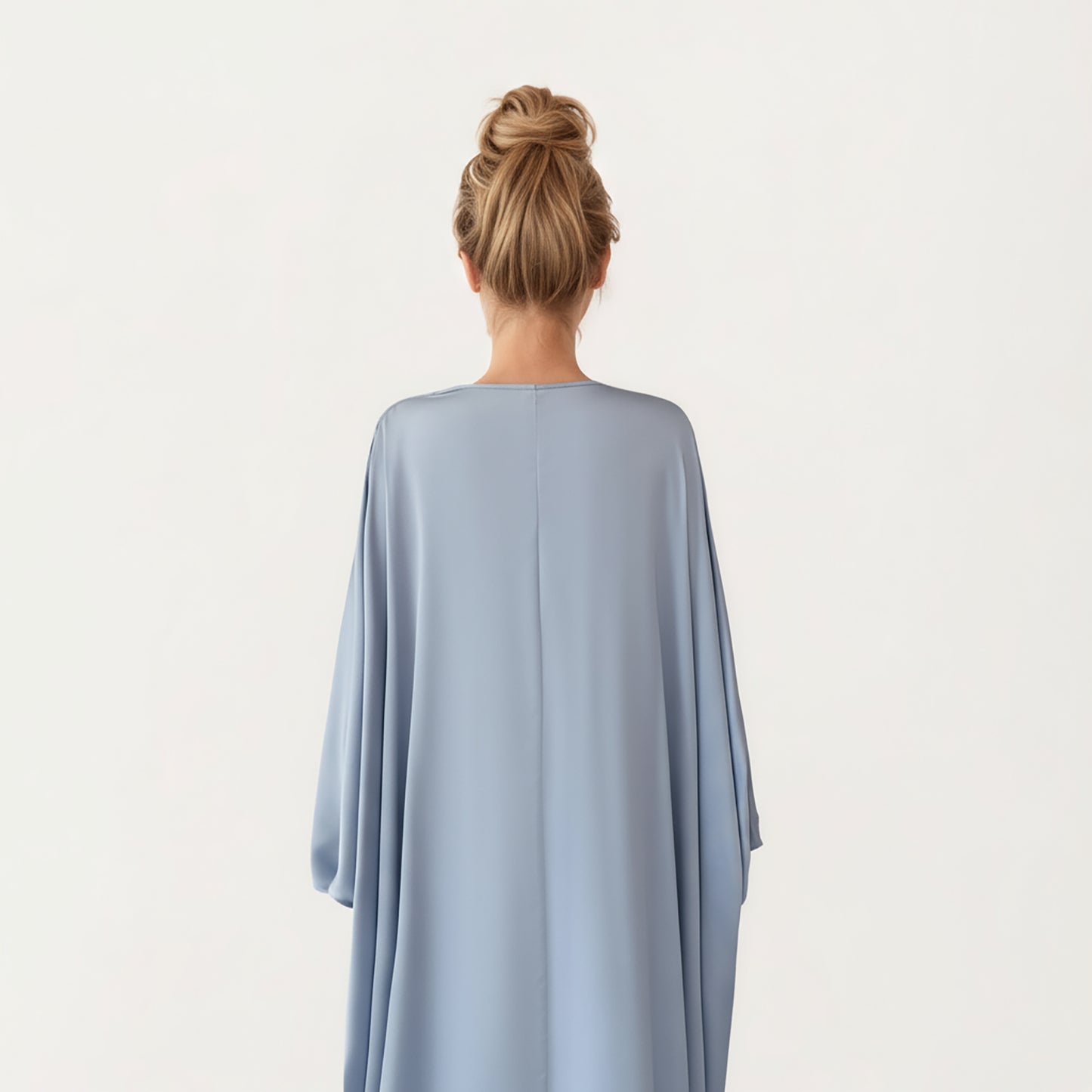 Satin Draped Maxi Dress with Knot Front Detail, Flowing Wide Sleeves and Soft Fluid Silhouette