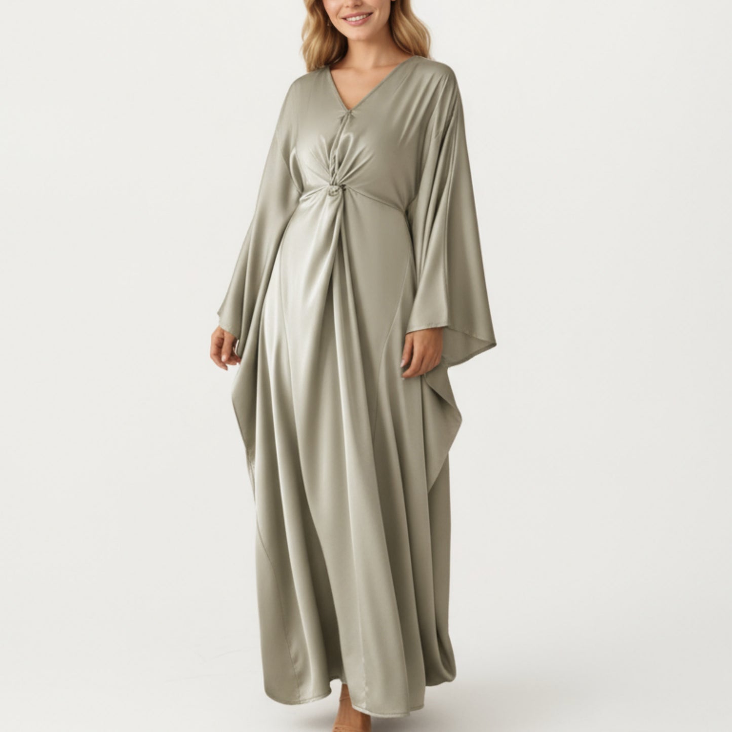 Satin Draped Maxi Dress with Knot Front Detail, Flowing Wide Sleeves and Soft Fluid Silhouette