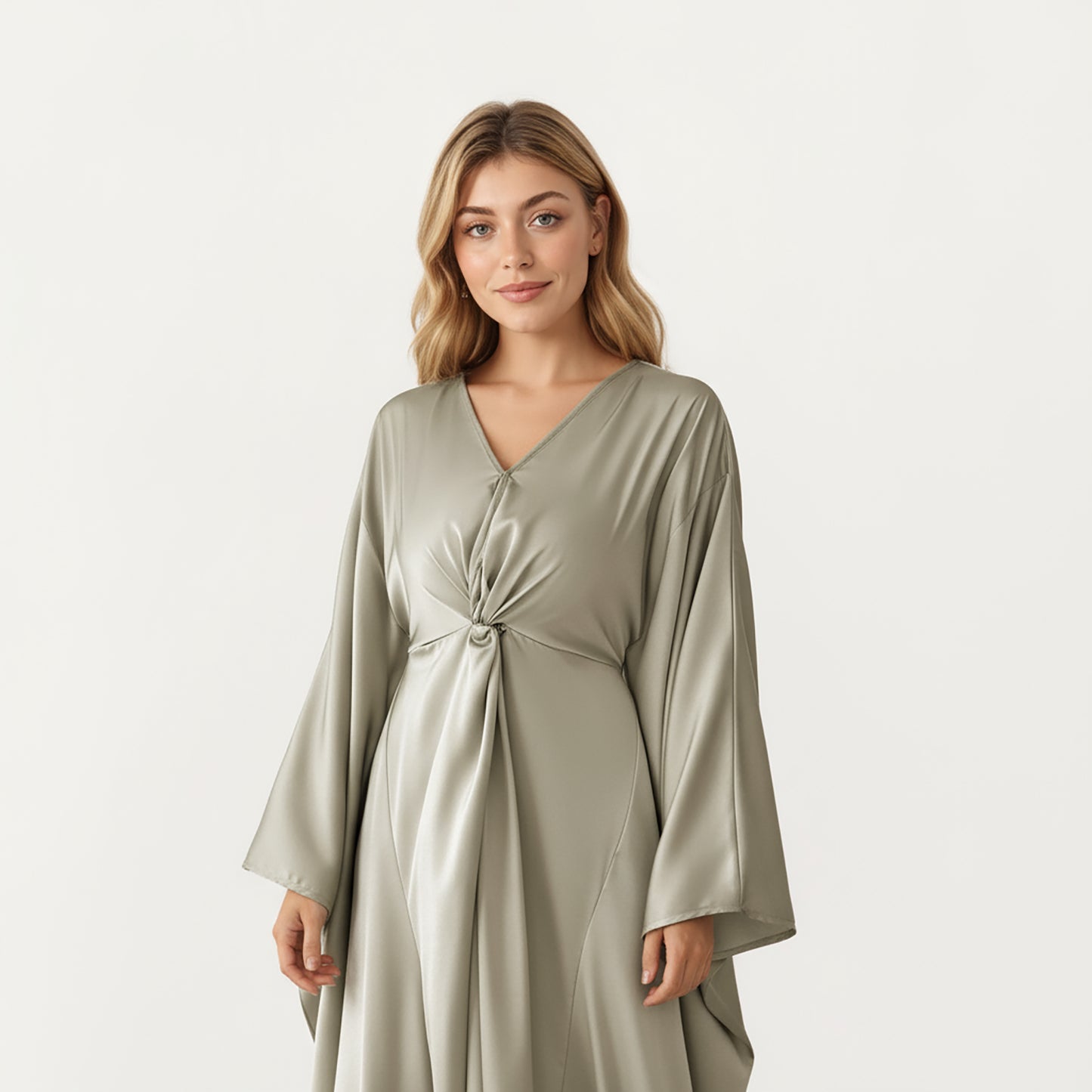 Satin Draped Maxi Dress with Knot Front Detail, Flowing Wide Sleeves and Soft Fluid Silhouette