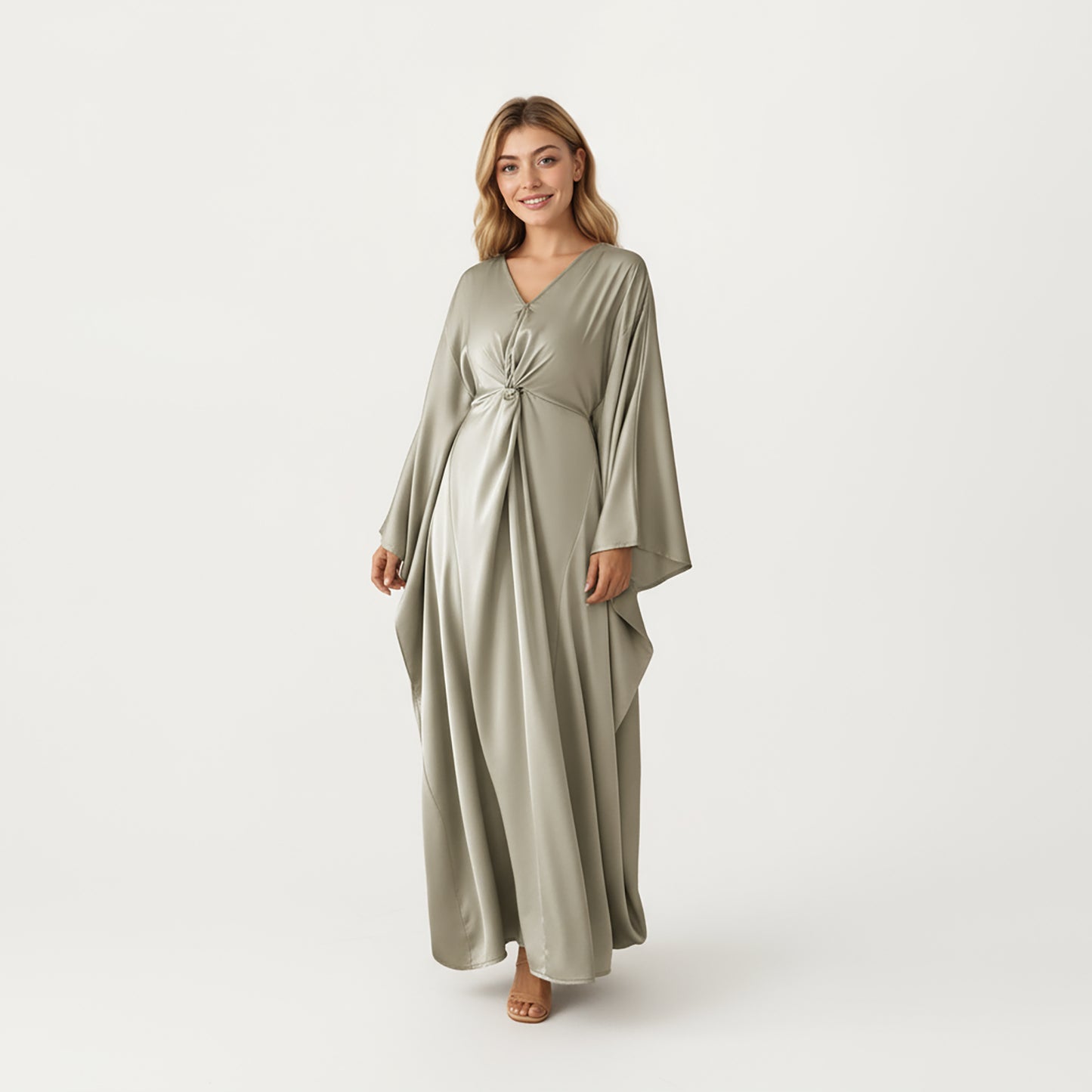 Satin Draped Maxi Dress with Knot Front Detail, Flowing Wide Sleeves and Soft Fluid Silhouette