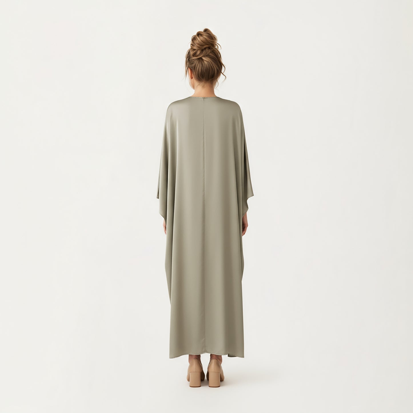 Satin Draped Maxi Dress with Knot Front Detail, Flowing Wide Sleeves and Soft Fluid Silhouette