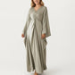 Satin Draped Maxi Dress with Knot Front Detail, Flowing Wide Sleeves and Soft Fluid Silhouette