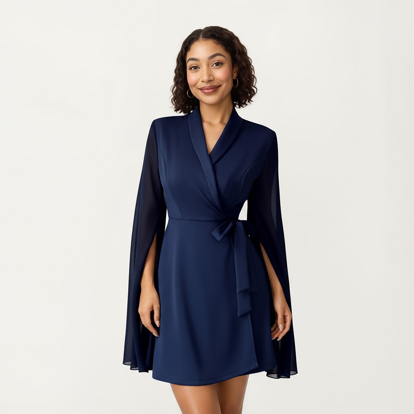 Wrap Front Mini Dress with Draped Cape Sleeves, Soft Fluid Fabric and Tie Waist Detail for a Refined Silhouette