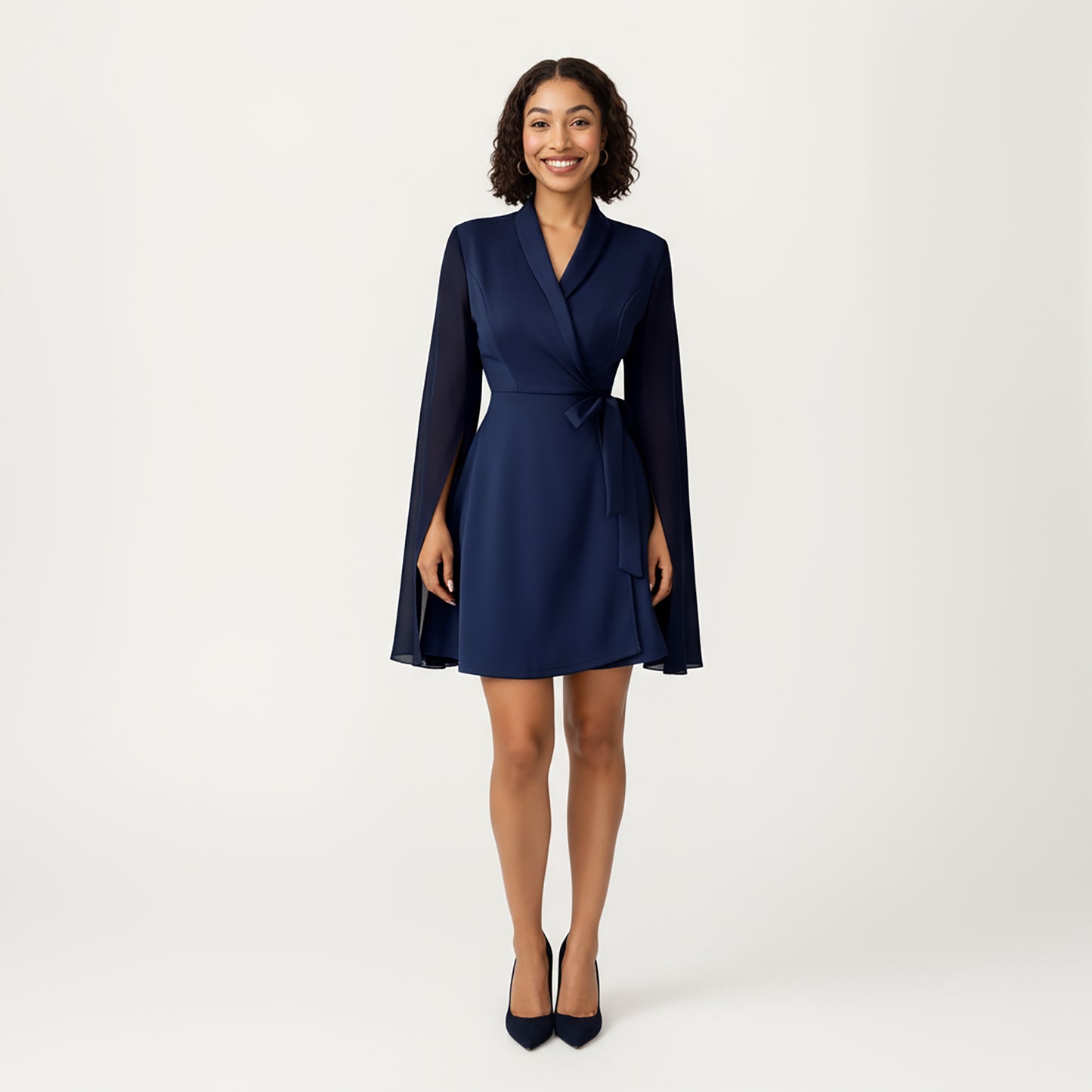 Wrap Front Mini Dress with Draped Cape Sleeves, Soft Fluid Fabric and Tie Waist Detail for a Refined Silhouette