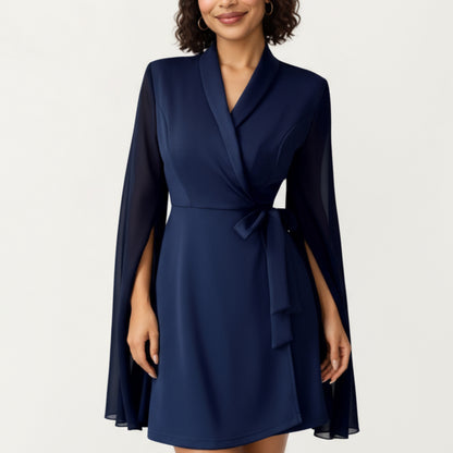 Wrap Front Mini Dress with Draped Cape Sleeves, Soft Fluid Fabric and Tie Waist Detail for a Refined Silhouette