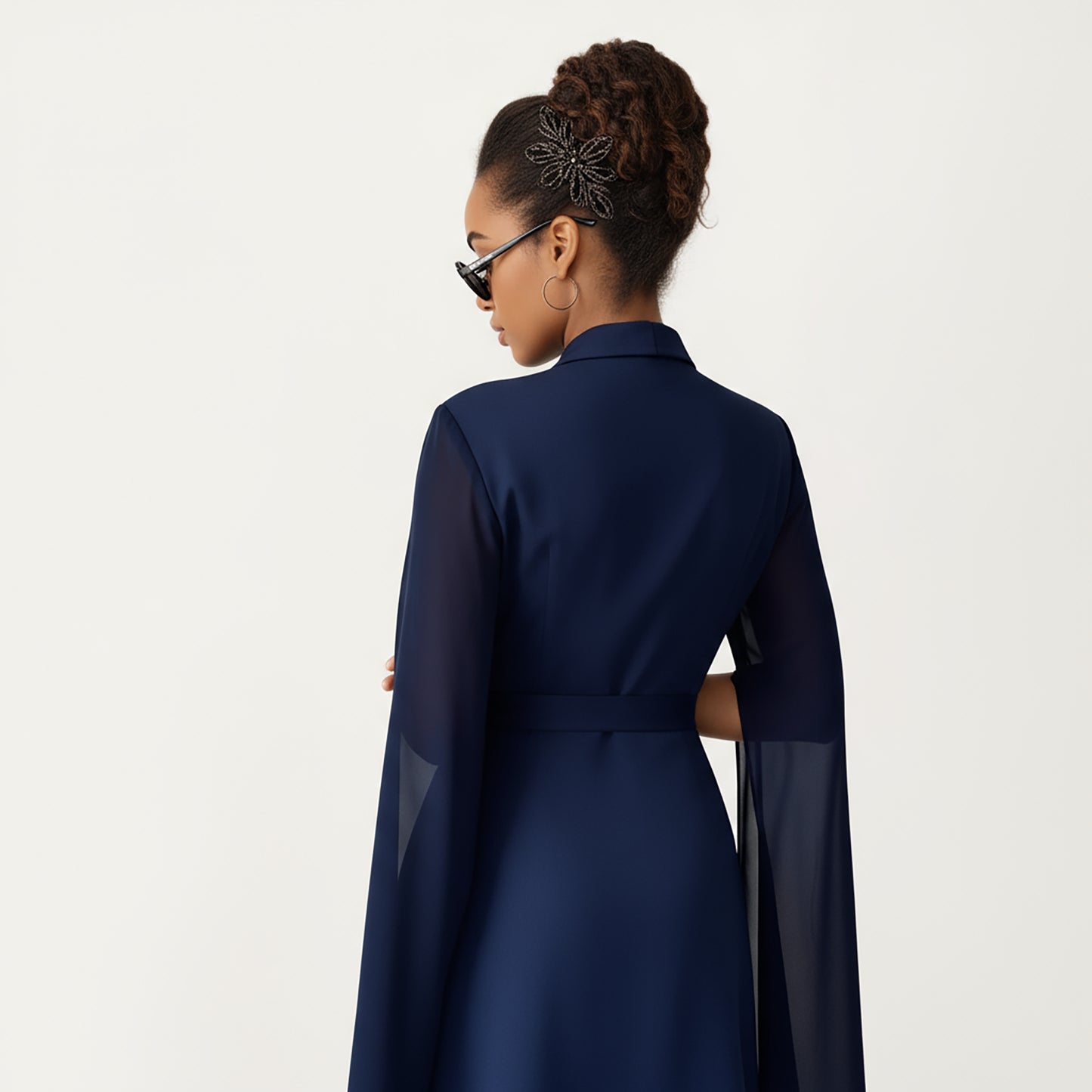 Wrap Front Mini Dress with Draped Cape Sleeves, Soft Fluid Fabric and Tie Waist Detail for a Refined Silhouette