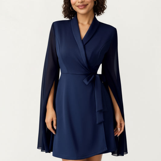 Wrap Front Mini Dress with Draped Cape Sleeves, Soft Fluid Fabric and Tie Waist Detail for a Refined Silhouette