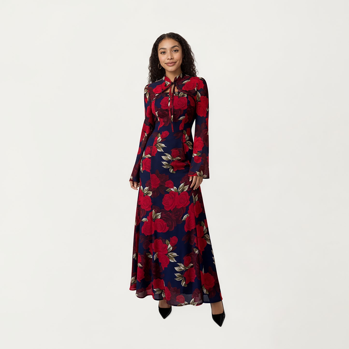 Floral Print Maxi Dress with Long Flared Sleeves, High Neckline, Front Tie Detail and Flowing A-Line Silhouette