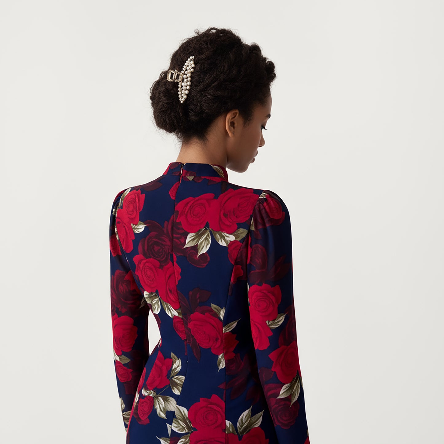 Floral Print Maxi Dress with Long Flared Sleeves, High Neckline, Front Tie Detail and Flowing A-Line Silhouette