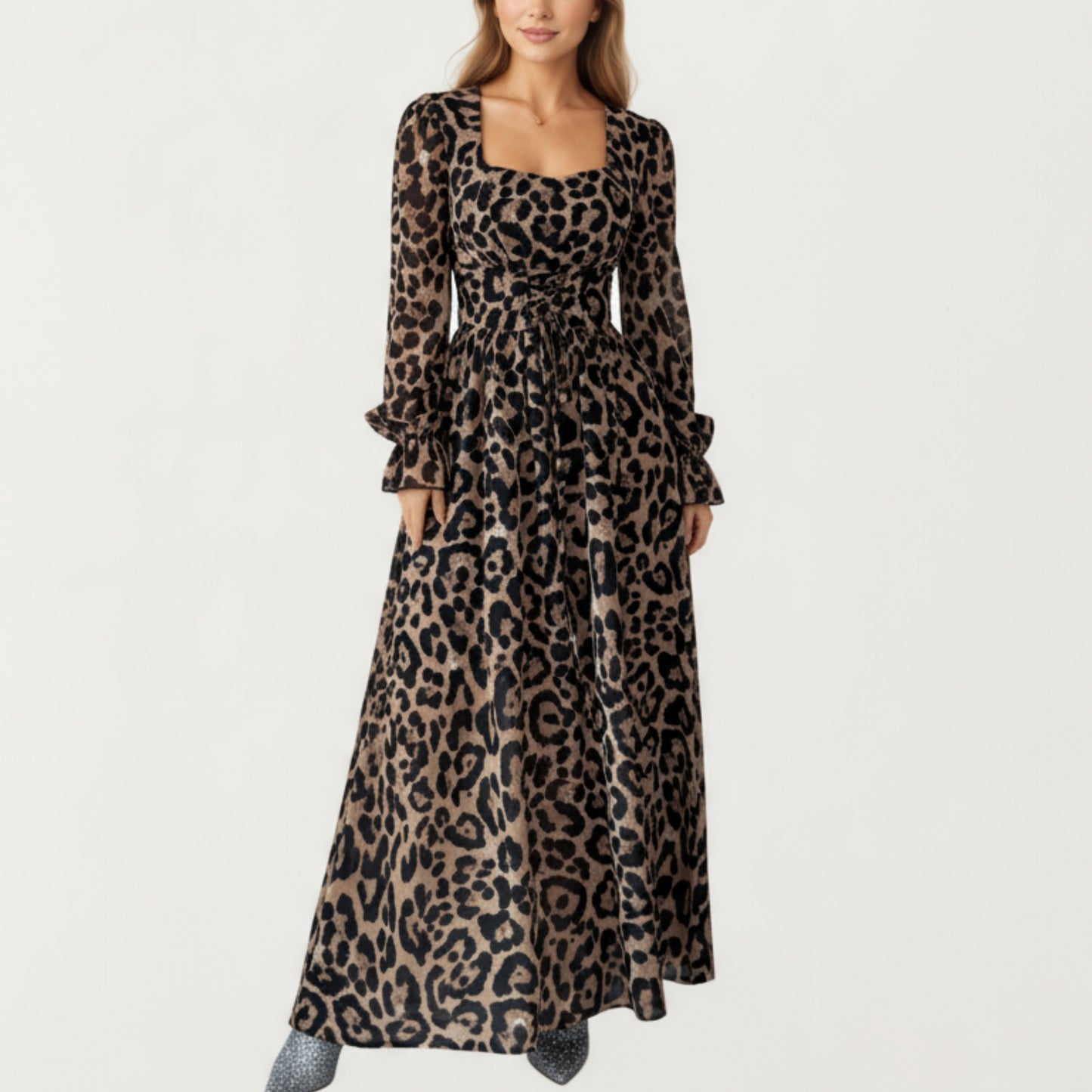 Leopard Print Maxi Dress with Square Neckline, Long Ruffled Cuff Sleeves and Fitted Waist Creating a Flowing A-Line Silhouette