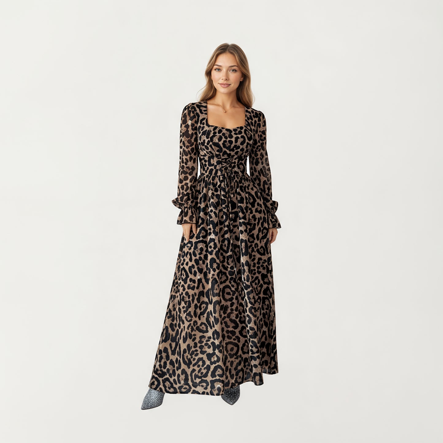 Leopard Print Maxi Dress with Square Neckline, Long Ruffled Cuff Sleeves and Fitted Waist Creating a Flowing A-Line Silhouette