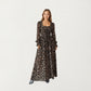 Leopard Print Maxi Dress with Square Neckline, Long Ruffled Cuff Sleeves and Fitted Waist Creating a Flowing A-Line Silhouette
