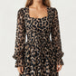 Leopard Print Maxi Dress with Square Neckline, Long Ruffled Cuff Sleeves and Fitted Waist Creating a Flowing A-Line Silhouette