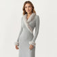 Rib Knit Midi Dress with Faux Fur Trim, Wrap V-Neckline, Long Slim Sleeves and Form-Fitting Silhouette for Elevated Styling
