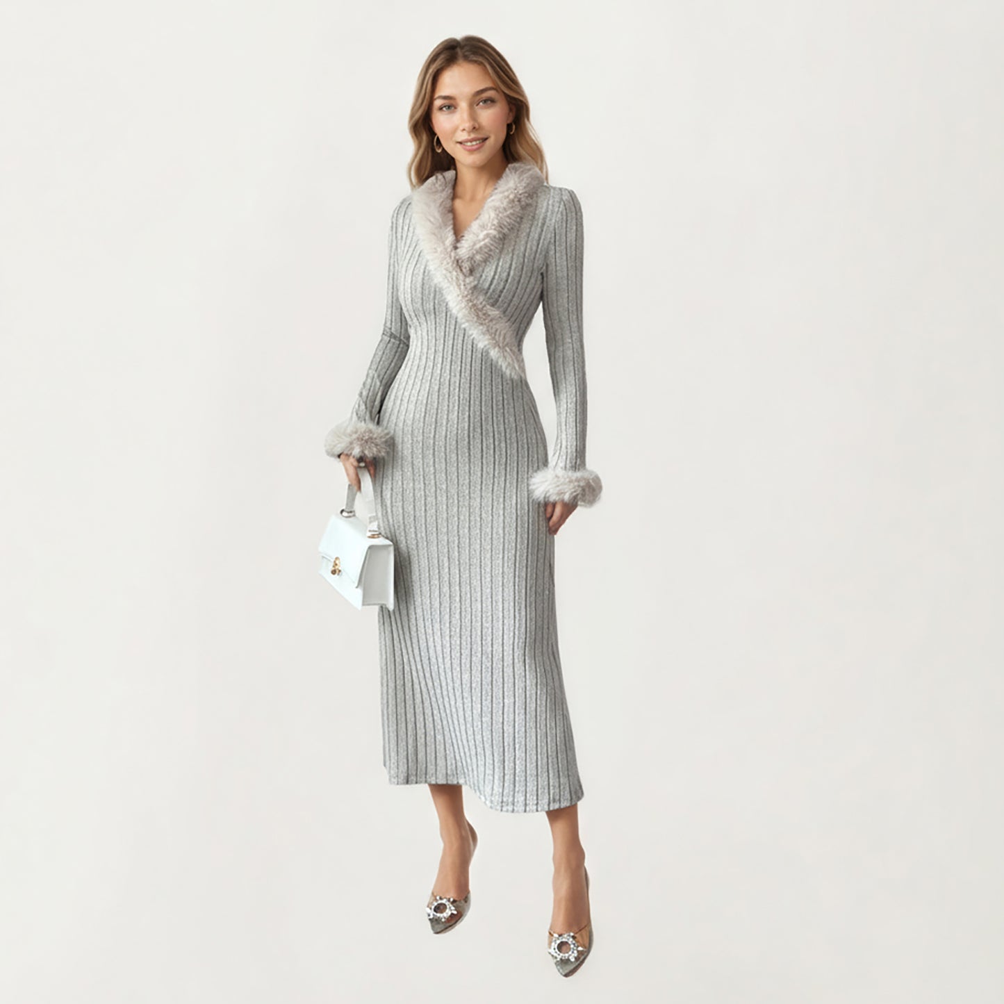 Rib Knit Midi Dress with Faux Fur Trim, Wrap V-Neckline, Long Slim Sleeves and Form-Fitting Silhouette for Elevated Styling