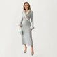 Rib Knit Midi Dress with Faux Fur Trim, Wrap V-Neckline, Long Slim Sleeves and Form-Fitting Silhouette for Elevated Styling