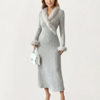 Rib Knit Midi Dress with Faux Fur Trim, Wrap V-Neckline, Long Slim Sleeves and Form-Fitting Silhouette for Elevated Styling