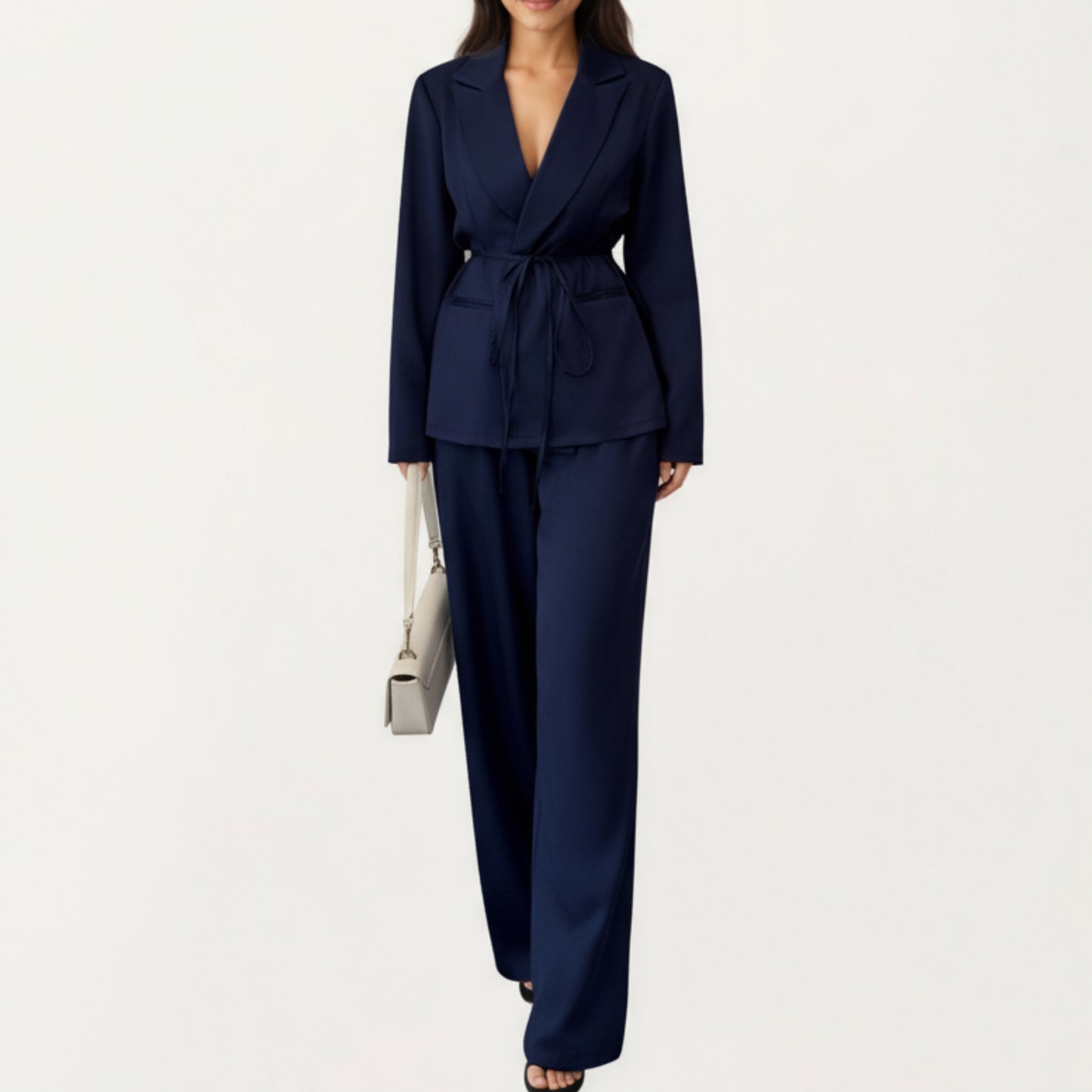 Tailored Blazer and Wide Leg Pants Set with Notched Lapel, Adjustable Tie Waist and Smooth Woven Fabric for Refined Styling