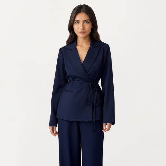 Tailored Blazer and Wide Leg Pants Set with Notched Lapel, Adjustable Tie Waist and Smooth Woven Fabric for Refined Styling