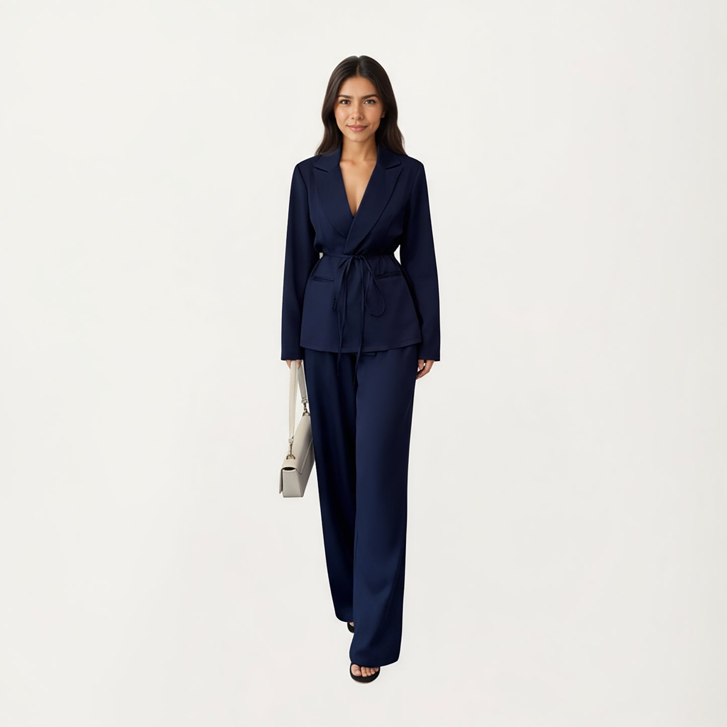 Tailored Blazer and Wide Leg Pants Set with Notched Lapel, Adjustable Tie Waist and Smooth Woven Fabric for Refined Styling