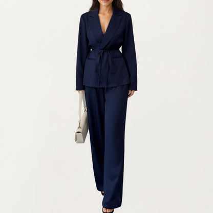 Tailored Blazer and Wide Leg Pants Set with Notched Lapel, Adjustable Tie Waist and Smooth Woven Fabric for Refined Styling