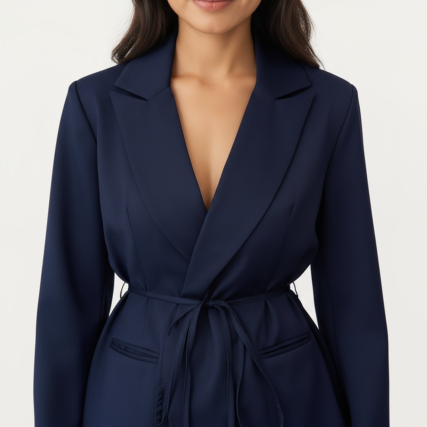 Tailored Blazer and Wide Leg Pants Set with Notched Lapel, Adjustable Tie Waist and Smooth Woven Fabric for Refined Styling