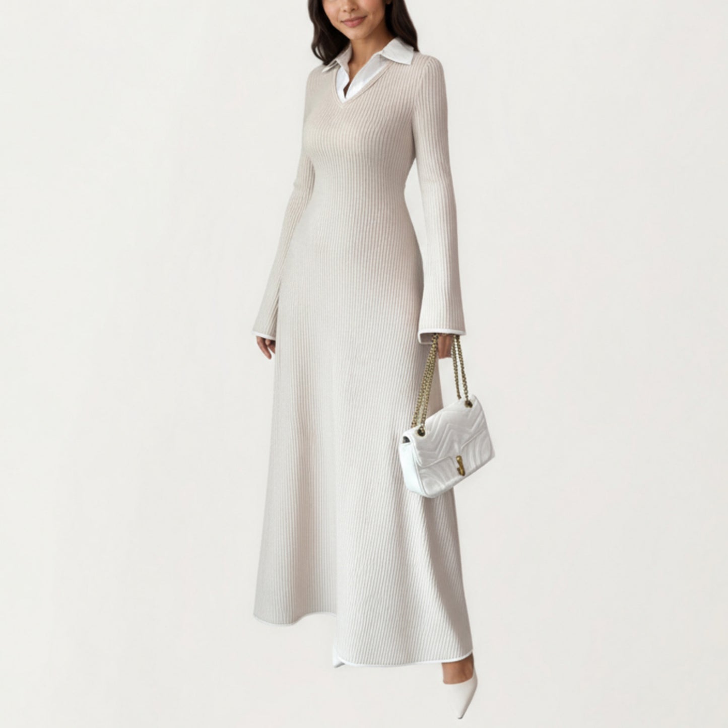 Rib Knit Maxi Dress with Contrast Collar Detail, Long Sleeve Silhouette and Soft Stretch Texture for Refined Everyday Styling