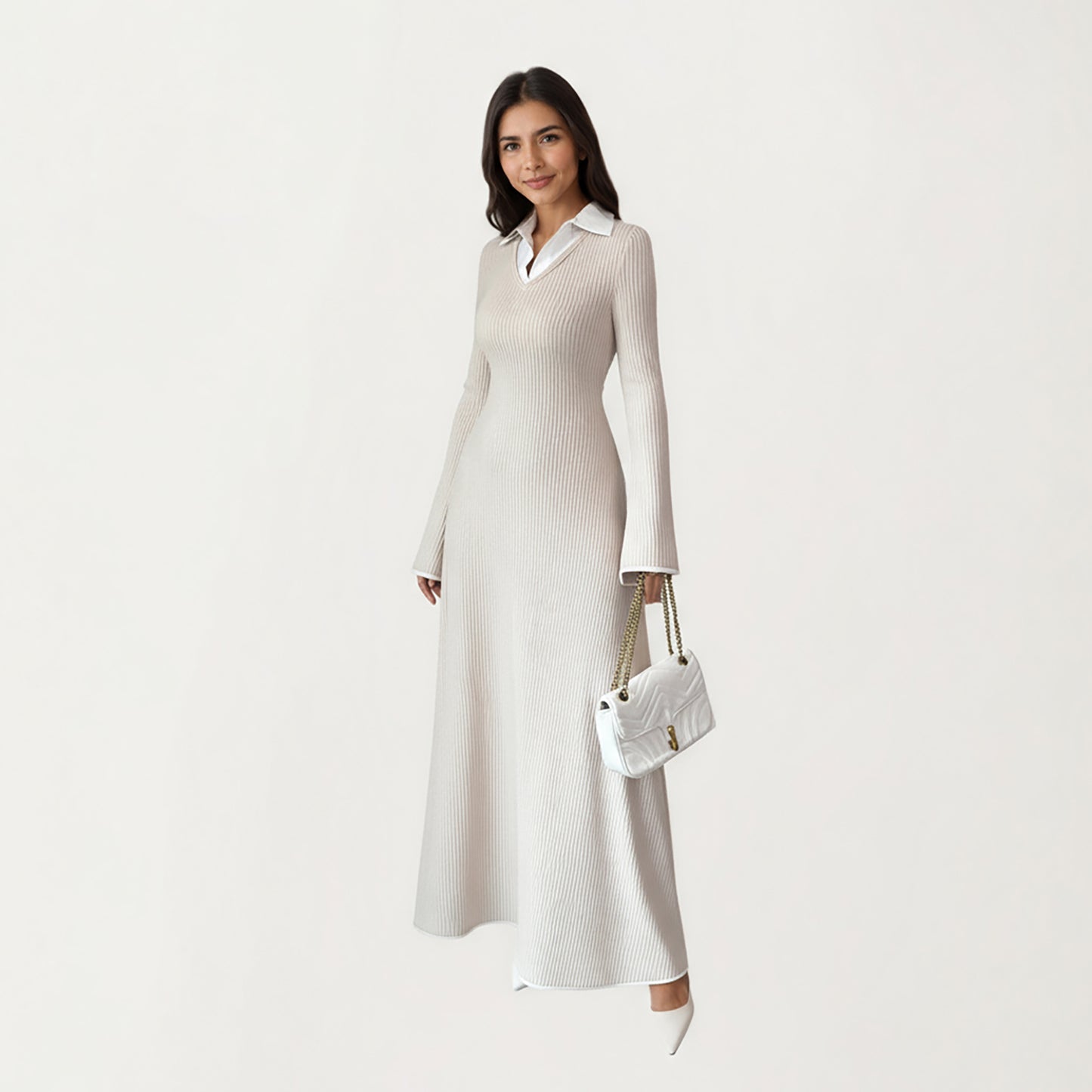 Rib Knit Maxi Dress with Contrast Collar Detail, Long Sleeve Silhouette and Soft Stretch Texture for Refined Everyday Styling