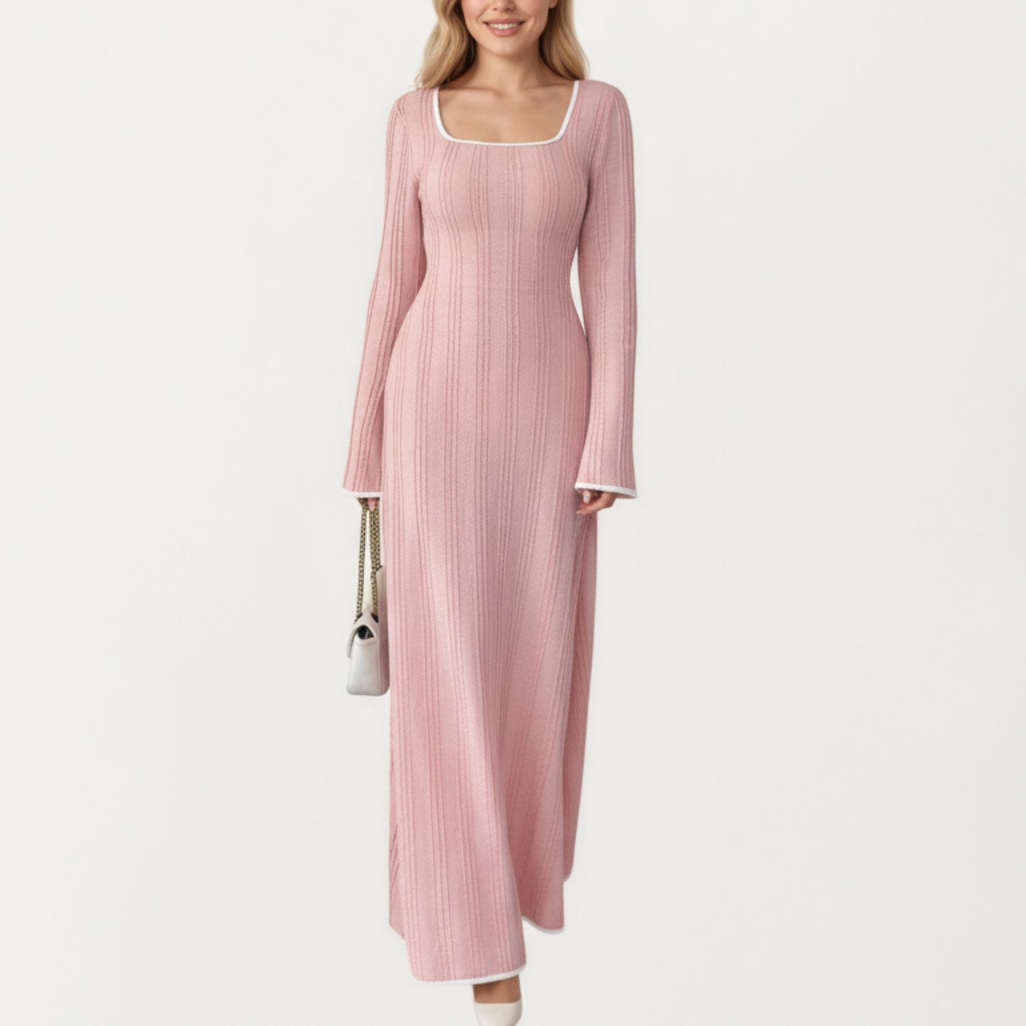 Rib Knit Maxi Dress with Square Neckline, Long Sleeve Silhouette and Soft Textured Detailing for Refined Everyday Styling