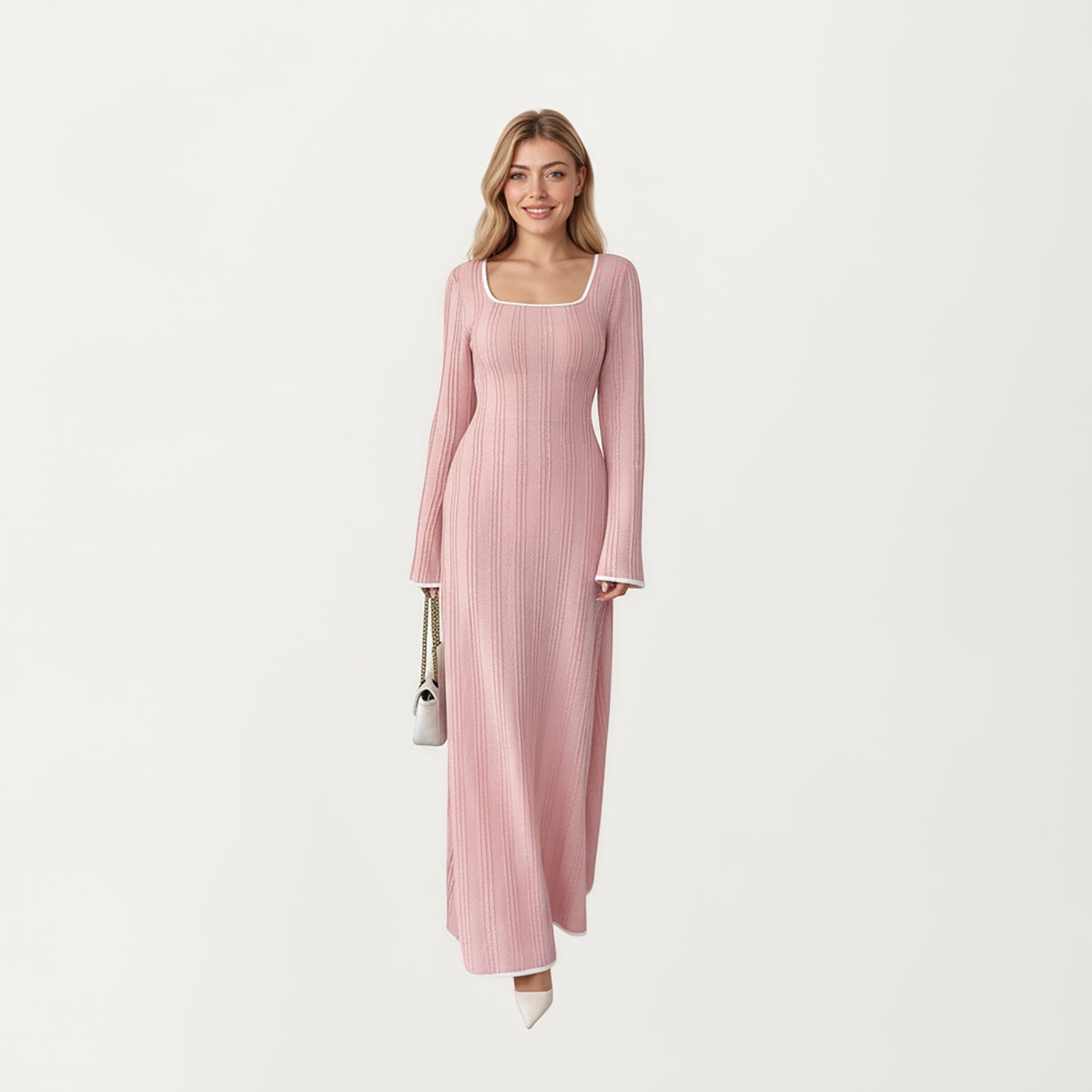 Rib Knit Maxi Dress with Square Neckline, Long Sleeve Silhouette and Soft Textured Detailing for Refined Everyday Styling