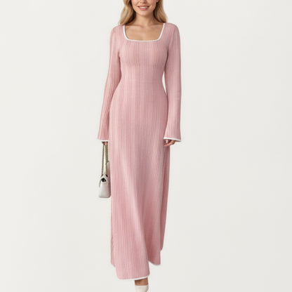 Rib Knit Maxi Dress with Square Neckline, Long Sleeve Silhouette and Soft Textured Detailing for Refined Everyday Styling