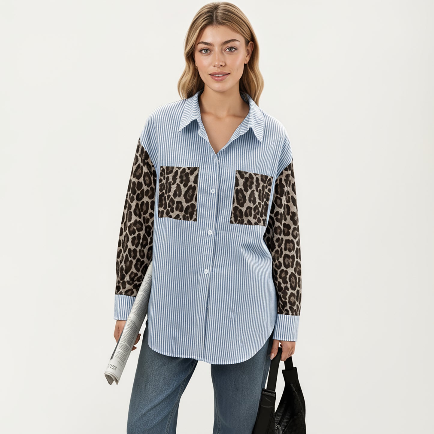 Long Sleeve Button-Up Shirt with Leopard Print Sleeves and Striped Pattern