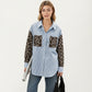 Long Sleeve Button-Up Shirt with Leopard Print Sleeves and Striped Pattern