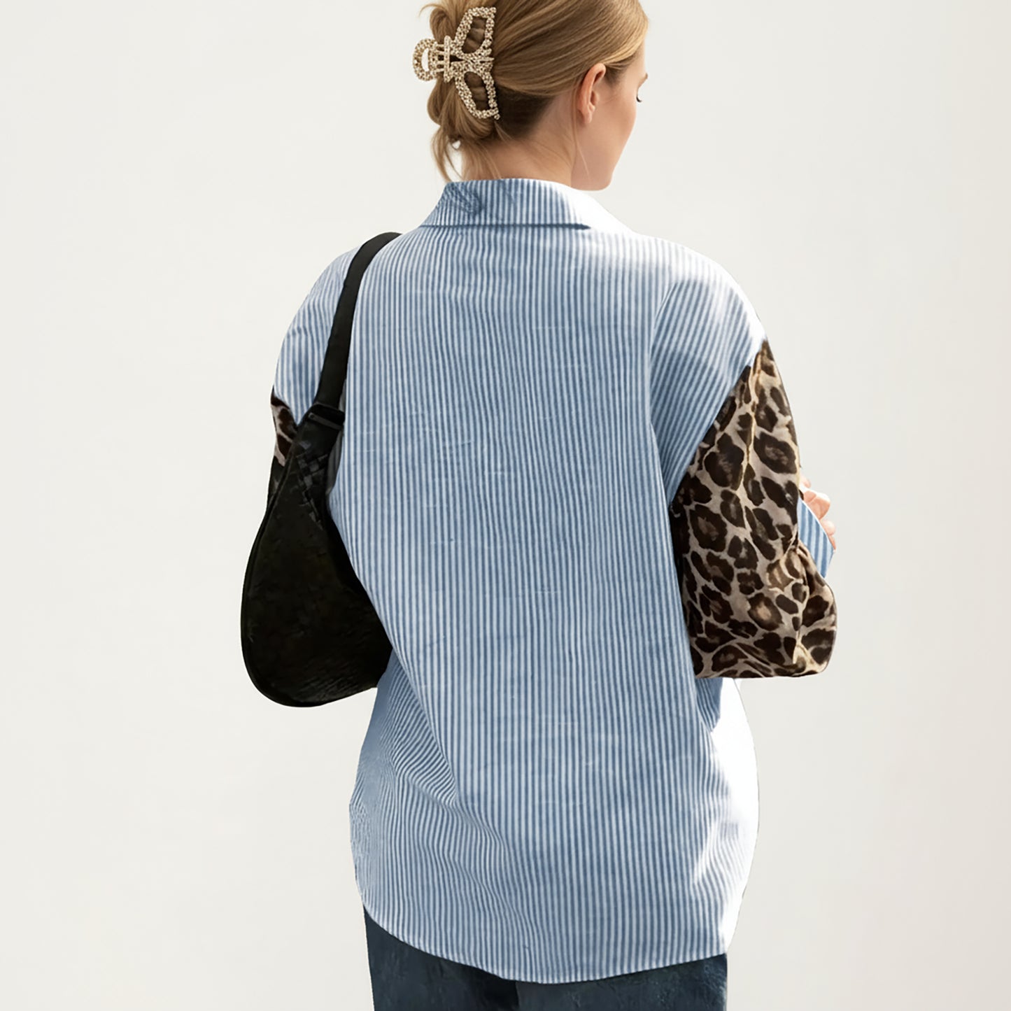 Long Sleeve Button-Up Shirt with Leopard Print Sleeves and Striped Pattern