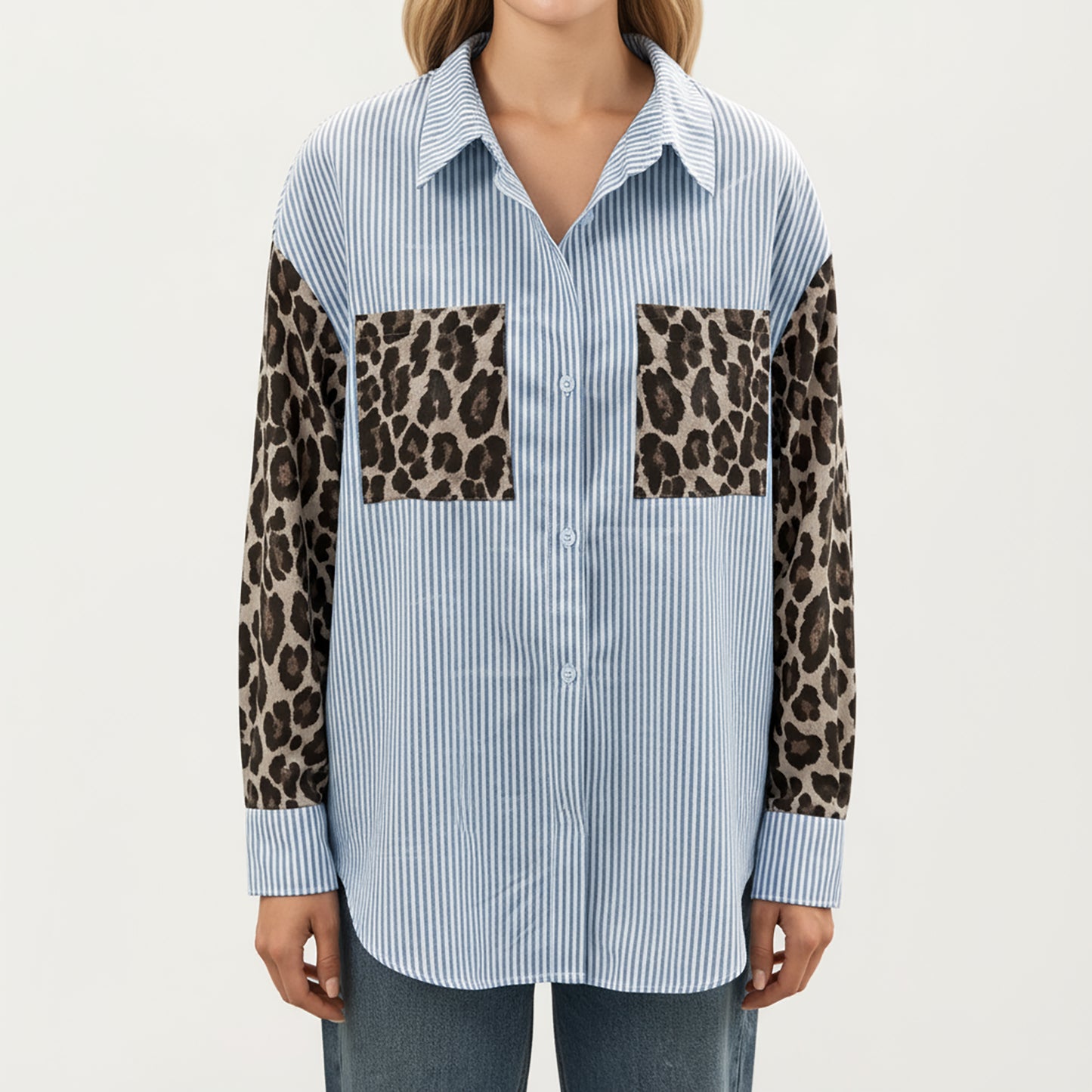 Long Sleeve Button-Up Shirt with Leopard Print Sleeves and Striped Pattern