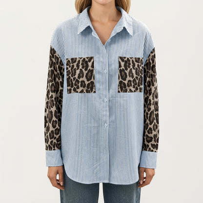 Long Sleeve Button-Up Shirt with Leopard Print Sleeves and Striped Pattern
