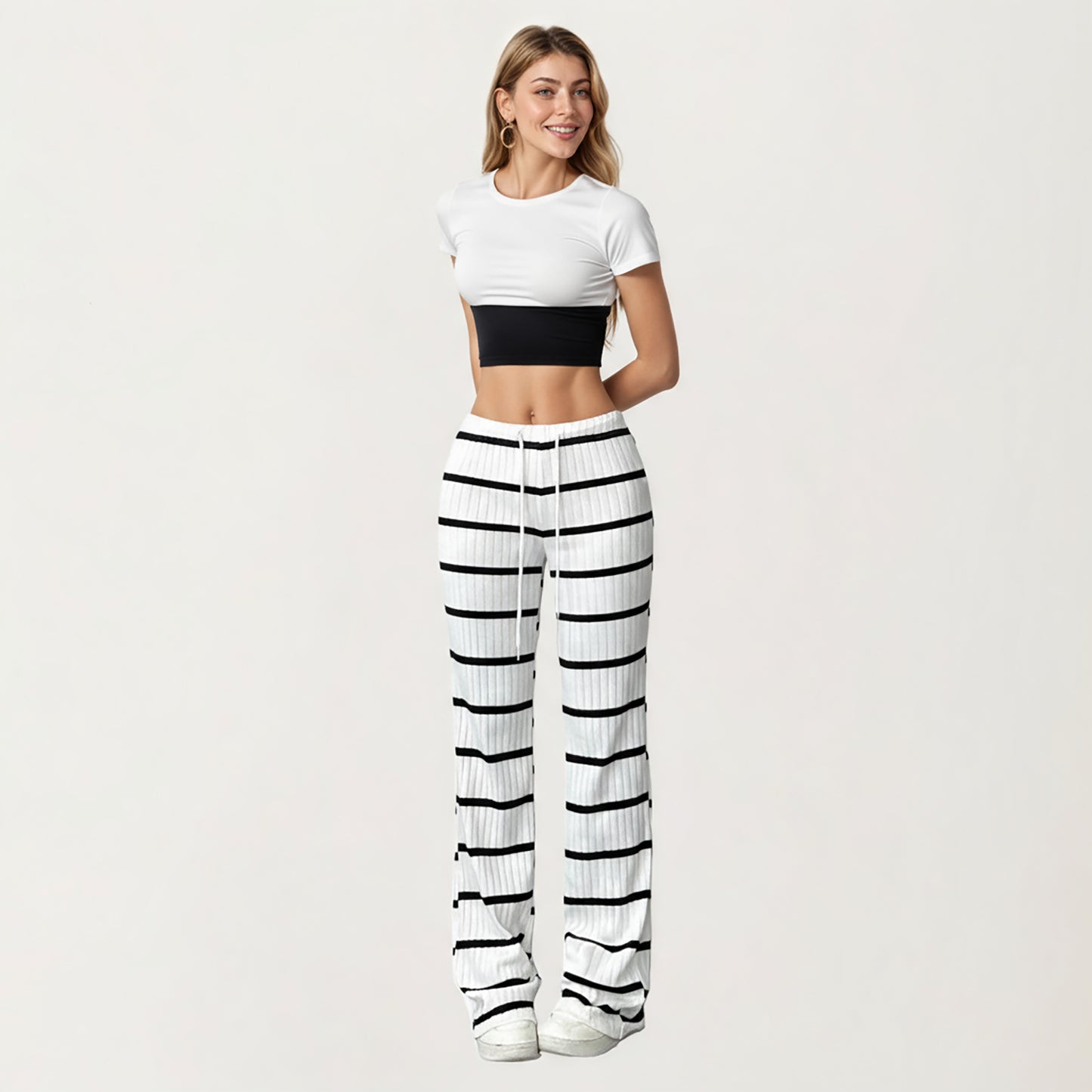 Striped Drawstring Lounge Pants with Elastic Waistband and Relaxed Wide Leg Fit