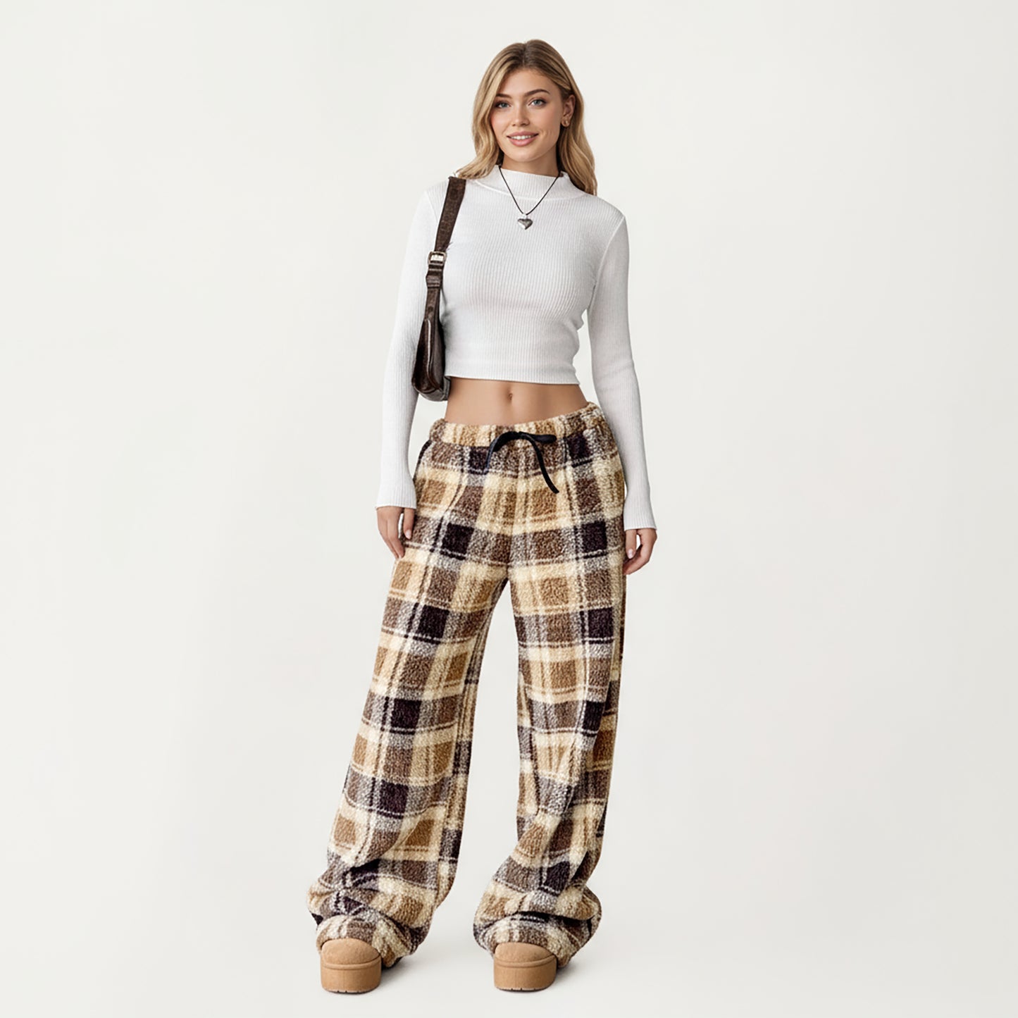 Plaid Wide Leg Drawstring Lounge Pants with Elastic Waistband and Relaxed Fit