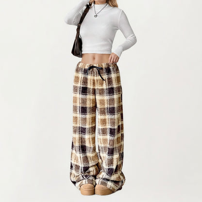 Plaid Wide Leg Drawstring Lounge Pants with Elastic Waistband and Relaxed Fit