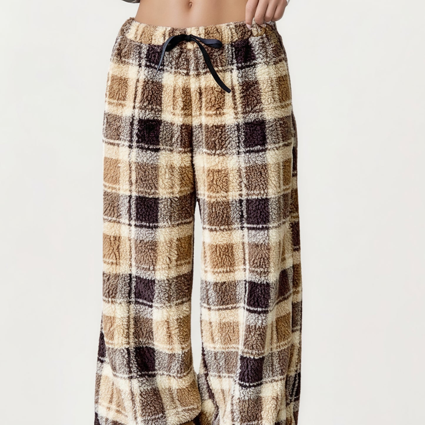 Plaid Wide Leg Drawstring Lounge Pants with Elastic Waistband and Relaxed Fit