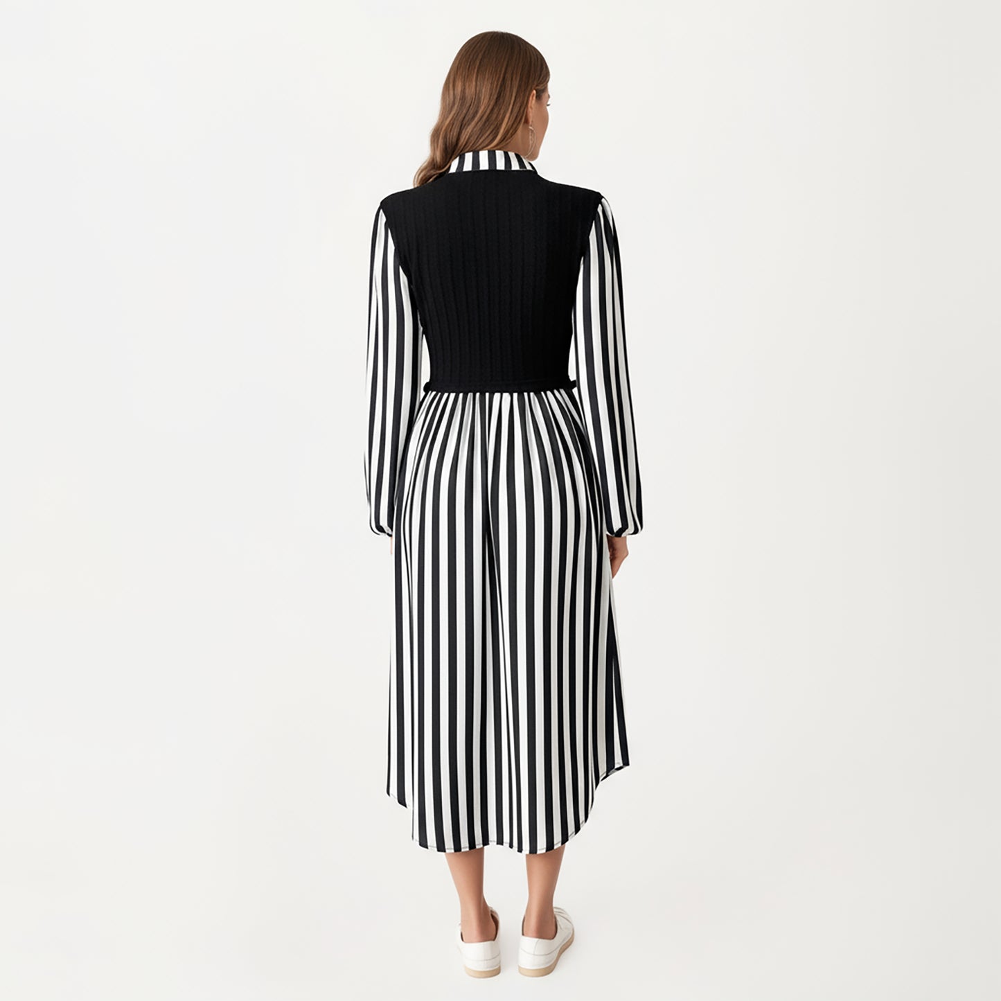 Long Sleeve Striped Button-Front Midi Dress with Knit Vest Overlay and Collared Neckline